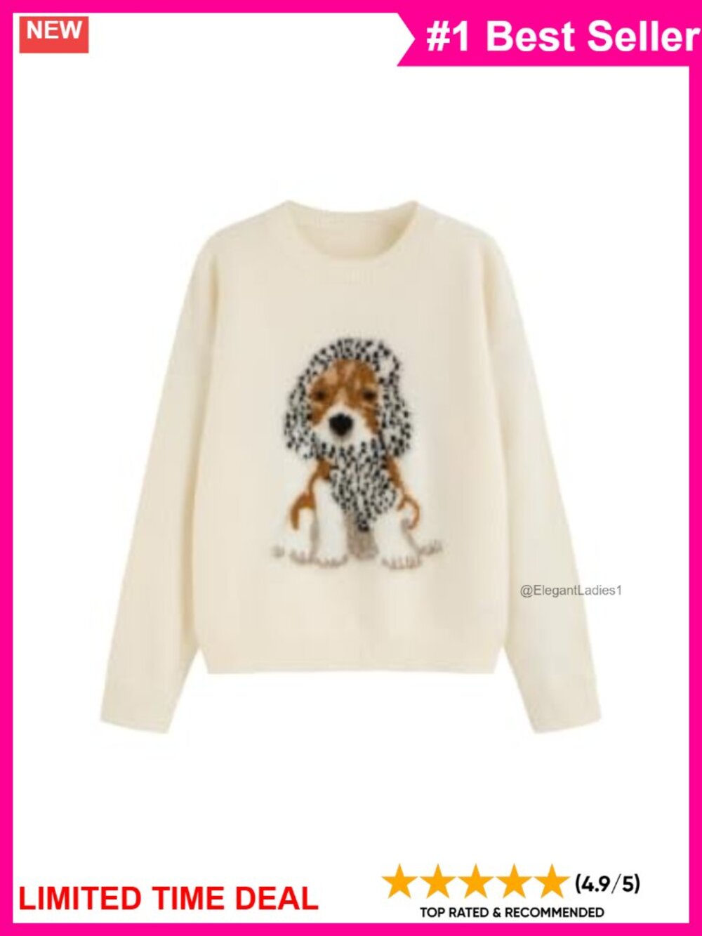 Oversized Cute Dog Graphic Knit Pullover Sweater Crew Neck Long Sleeve